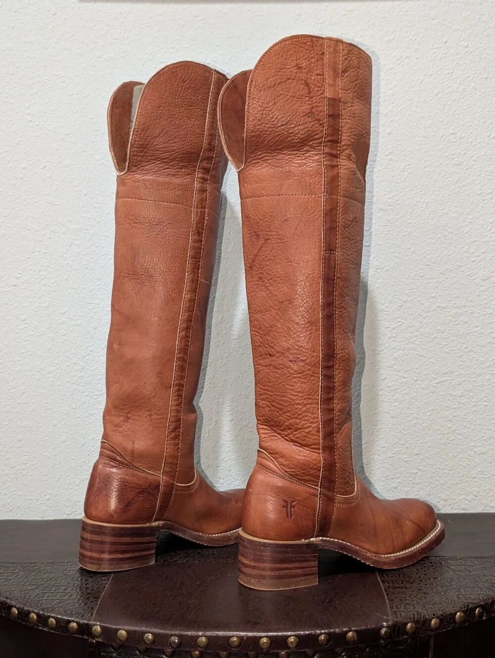 Vintage Frye Made in USA Over The Knee Leather Boots Cognac Brown Size 5.5M